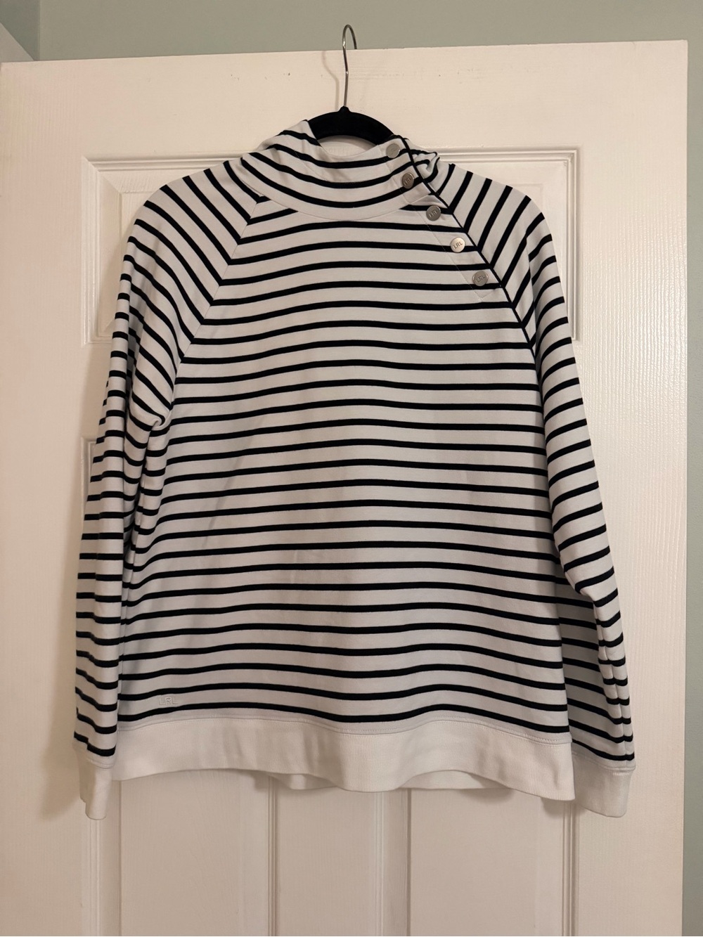 Lauren Ralph Lauren Striped Button-Shoulder Hooded Sweater- Black & White